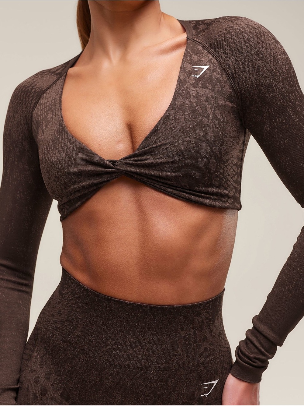 GYMSHARK BROWN ADAPT ANIMAL X WHITNEY SEAMLESS LONG SLEEVE TOP